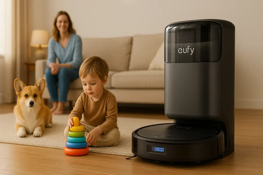 שואב רובוטי מומלץ 2025 בבית מודרני עם ילדים וחיות מחמד