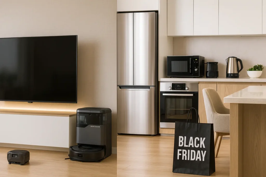 מבצעים על מוצרי חשמל 2025 – שואב רובוטי בחדר אורחים ומוצרי חשמל במטבח